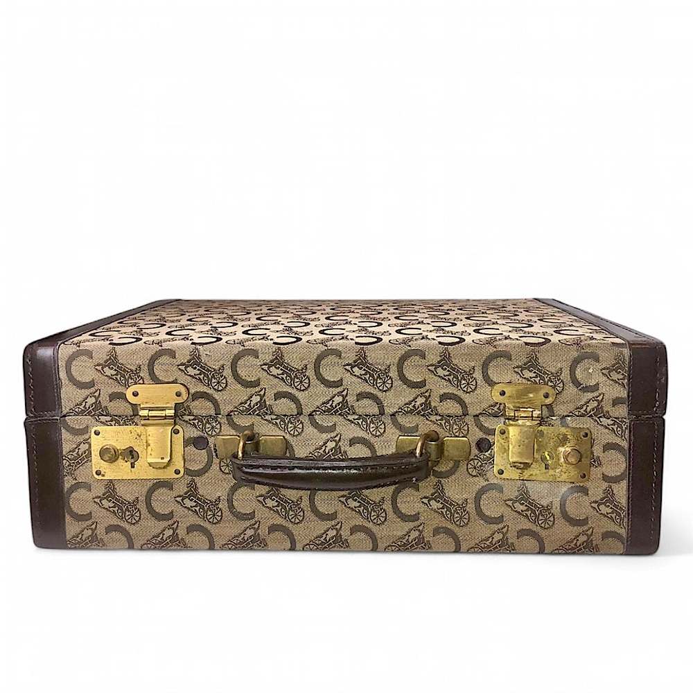 CELINE Brown Leather and Canvas Oversized Briefcase Suitcase Brass Locks 1980’s